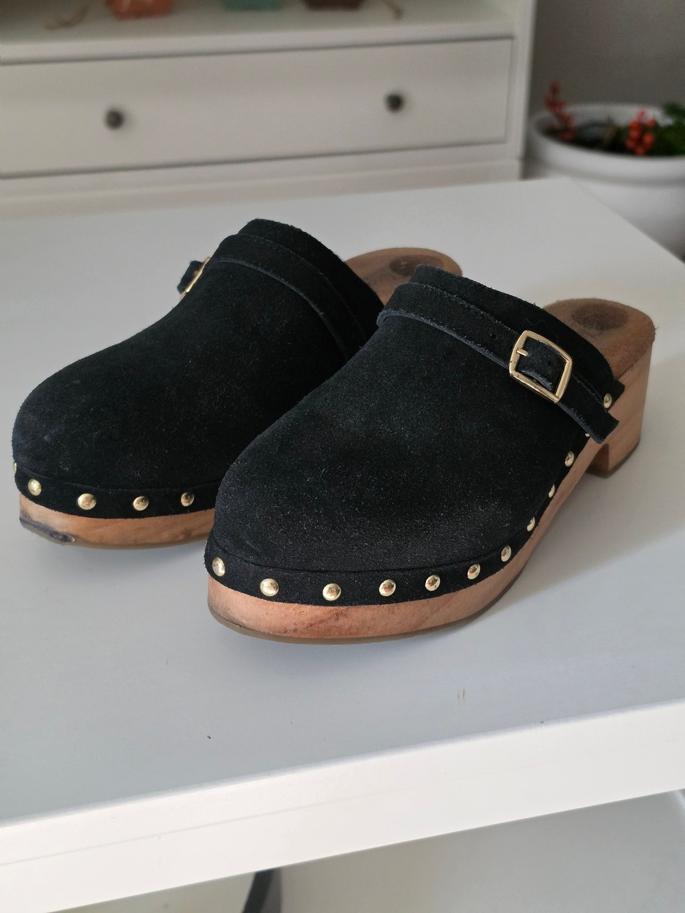 Sketchers Black Suede Studded Clog Mules with Buckle